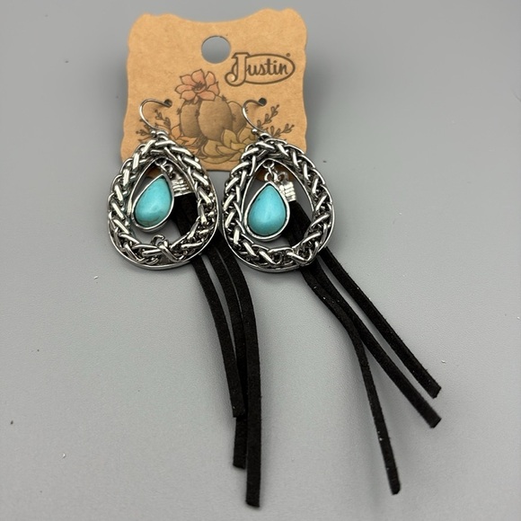 Justin Boot Barn Women's Whipstitch Fringe Saddle Bag Brown w/ Justin Earrings - Picture 10 of 10